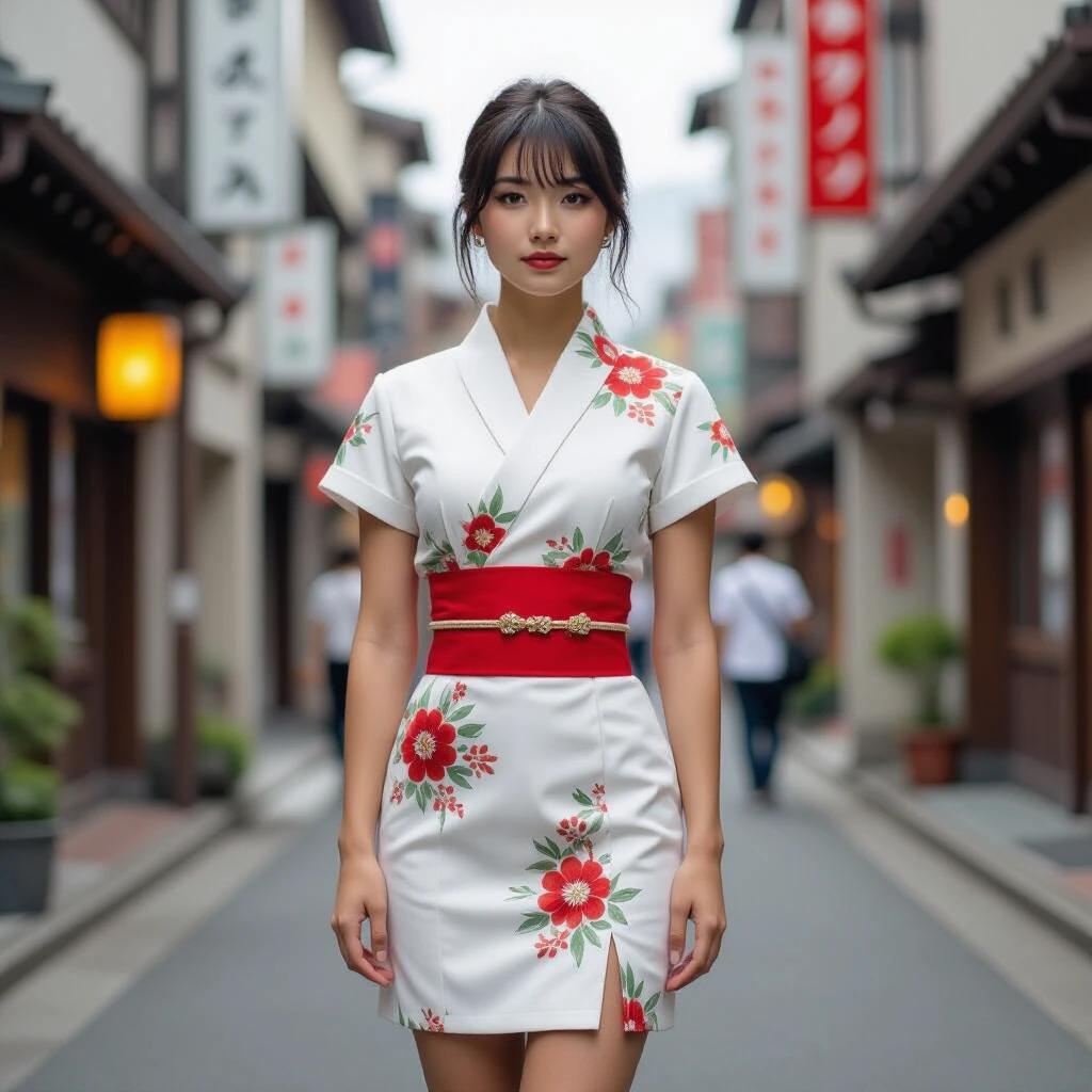 Japanese girl wears a short dress with floral designs. The background is an urban street scene that reflects traditional architecture. The girl stands confidently in the center of a quiet street, with shops lining both sides.