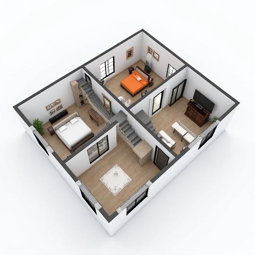 3D architectural floor plan showing a two storey building layout. First floor features a wide guest room, kitchen, two additional purpose rooms, bathroom, and modern staircase. Second floor layout visible with additional rooms.