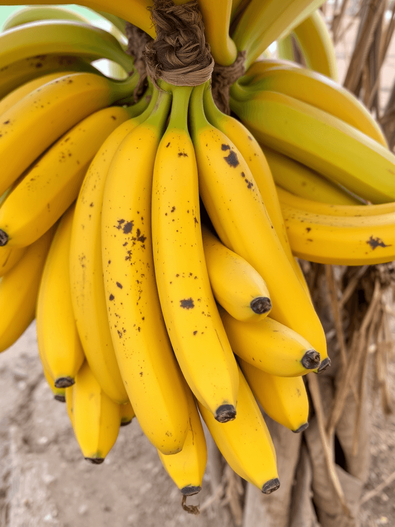 The image shows a fresh and vibrant cluster of ripe bananas. The bananas are mostly yellow with a few scattered brown spots, indicating optimal ripeness. They are still attached to the stem, which is bound with natural twine. The bananas are arranged tightly together, illustrating their natural growth pattern. The background suggests an outdoor setting, possibly a banana plantation, with a glimpse of dry soil and blurred vegetation, emphasizing the focus on the fruit.