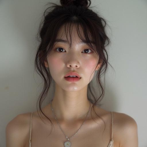 Close-up portrait of a young woman. Natural setting with soft lighting. She has a gentle expression and natural makeup.