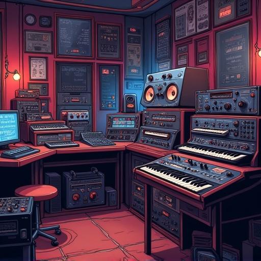 Room decorated in retro style. Features many synth keyboards and hardware compressors. Dimly lit. Wall displays equipment and controls. Furniture primarily belongs to electronic music production.