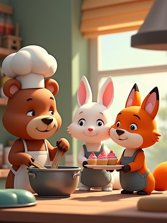 Cartoon animal characters in a cozy kitchen. Bear with chef hat stirs a pot. White bunny holds a tray of cupcakes. Two orange foxes in aprons decorate a cake. Warm lighting and homely environment.