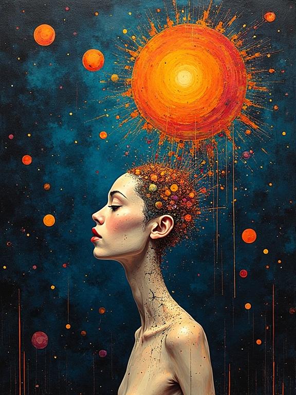 A figure with cosmic elements represented in a surreal style. The figure has a sun as a crown. Background contains stars and planets. Emphasis on abstract expressionism and dynamic colors.
