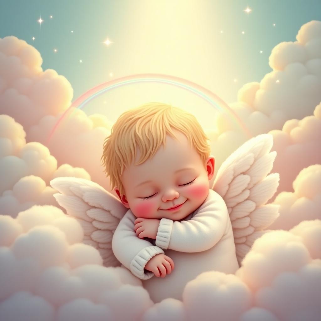 The image depicts a cute angelic baby boy, possibly named 'James' or 'Luke', happily nestled among fluffy clouds. He has soft, golden hair and small angel wings that add to his charm. A gentle rainbow arches in the background, enhancing the heavenly theme. The baby wears a cozy, white outfit and is in a peaceful, serene pose, radiating joy. The overall color scheme includes pastel tones, creating a warm and inviting atmosphere, perfect for a nursery or children's room.