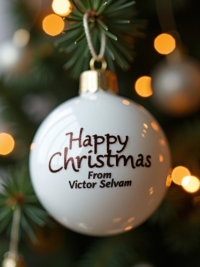 Close-up of a white Christmas bauble. Text on bauble reads 'Happy Christmas From Victor Selvam'. Twinkling lights create a magical ambiance.