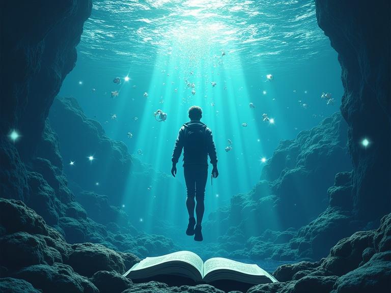 Visual representation of diving deep into topics with imagery of a person submerged in water surrounded by a book and light