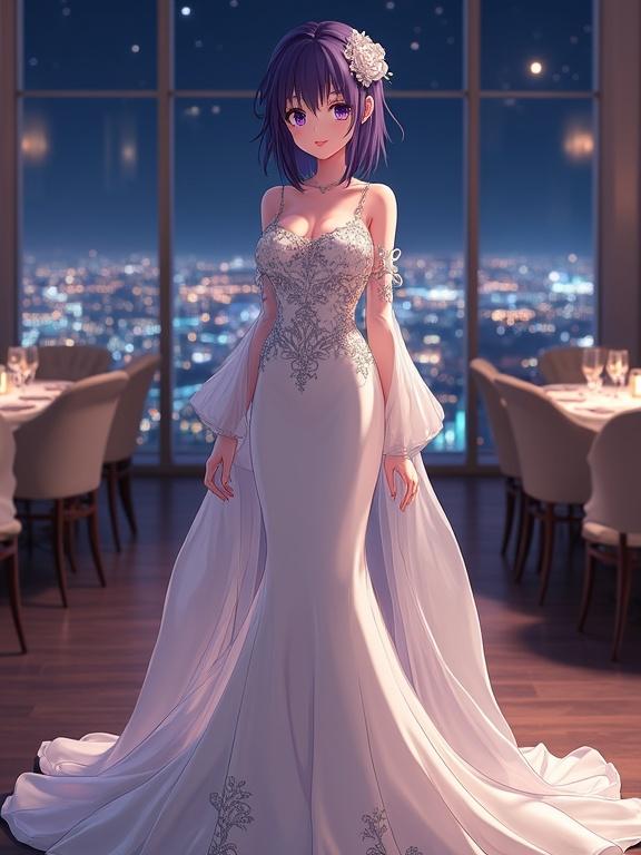 Front view of an anime woman with shoulder-length dark violet hair in a luxurious sky lounge at night. Her off-white gown has sheer sleeves and intricate silver patterns. She has a relaxed posture and a gentle smile. The setting has a dazzling city view and an elegant ambiance. The image is in fashion photography style with balanced composition and warm lighting. Full body shot with a shallow depth of field.