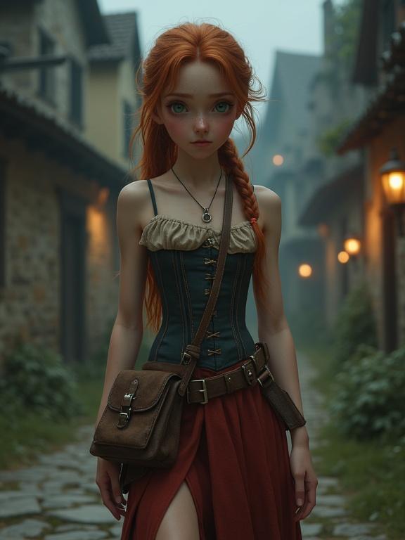 Photorealistic depiction of a pretty teenage girl in a medieval city at night. Girl has a sad expression and auburn ponytail. She wears a sleeveless corset dress, a split skirt, and traveling boots. Background shows a lonely street with dim lighting.
