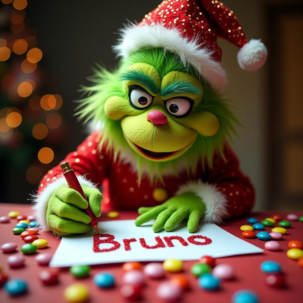 A colorful Grinch character with sparkly features writes the name 'Bruno' on a table filled with various candies