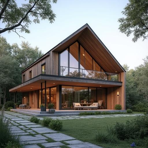 Architecture shot of a modern house with large glass windows and wooden exterior surrounded by trees and garden.