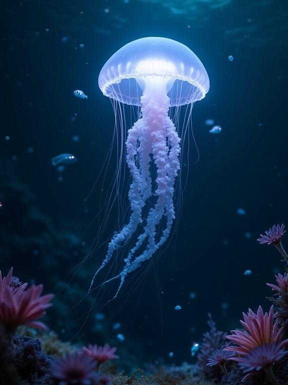 A bioluminescent jellyfish drifts in an alien ocean. The jellyfish glows softly with translucent bell and long tentacles. Tiny, glowing fish swim around it in swirling patterns. The seabed displays strange, beautiful flora. Rendered in hyperrealistic style, the scene captures the beauty and alien quality underwater. The image conveys wonder, tranquility, and mystery.