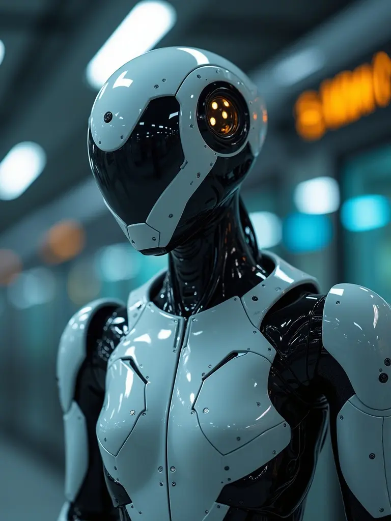 A futuristic robot stands in a subway station. The robot has an advanced, sleek design with a shiny black and white finish. It looks intelligent and ready for interaction. The background shows a modern subway environment with glowing lights.