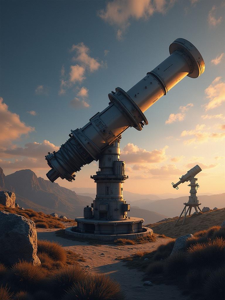 Image displays a large modern telescope set against a stunning landscape during sunset. Another smaller telescope appears in the background. The setting is peaceful and showcases an evolution theme in astronomical technology.