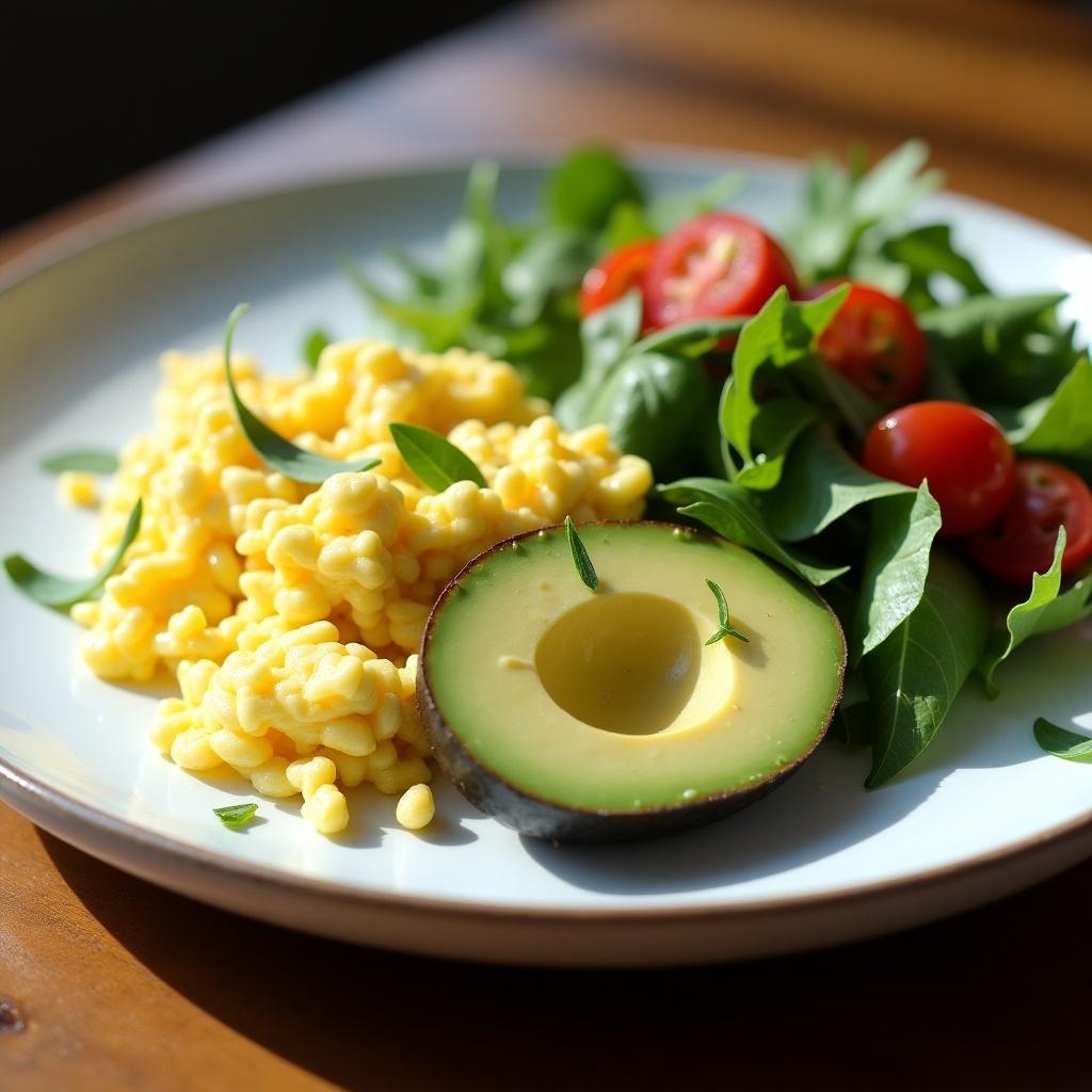 The image features a plate containing scrambled eggs, which appear fluffy and bright yellow. Beside the eggs is a half sliced avocado, showcasing its creamy interior. Fresh salad greens, including arugula and cherry tomatoes, are arranged artistically on the plate. The sunlight casts a warm glow over the food, enhancing its freshness. The dish is served on a wooden table, contributing to a rustic and homey feel. This visually appealing meal presents a nutritious option for breakfast or lunch, inviting viewers to savor its deliciousness.