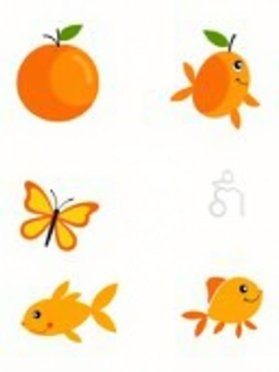 An outline coloring page for children aged 3 to 5 featuring various orange items. Depicted are an orange, a carrot, a pumpkin, a goldfish, and a butterfly. Thick, clear lines without colors or details - just outlines in a cartoon style. All elements appear friendly and easily recognizable for preschoolers.