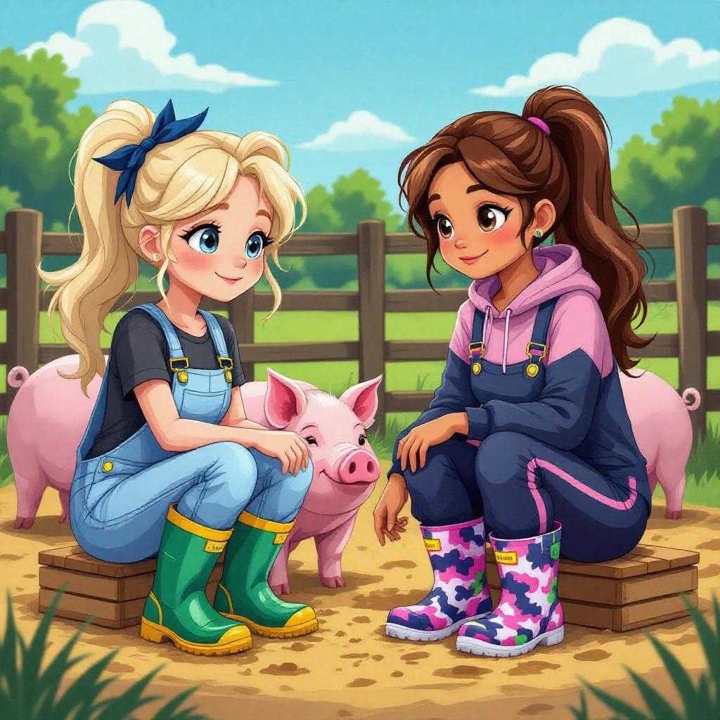 Two cartoon girls interact at a farm while feeding pigs. Setting is a sty with pigs around. Girls wear colorful outfits. Scene is cheerful and lively.