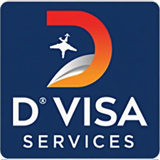 D Visa Services logo features a stylized letter D in vibrant colors. An airplane silhouette represents travel. A clean modern aesthetic is utilized. The logo includes the company name.