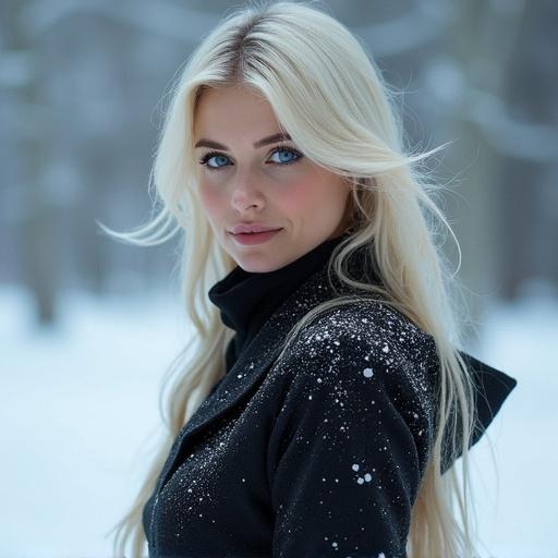 Portrait of a tall elegant woman in winter attire. She has platinum blonde hair and icy blue eyes. Snowflakes on her coat.