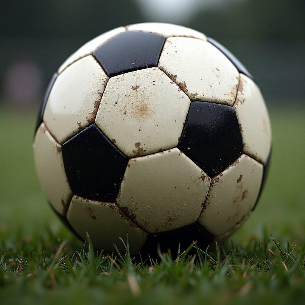 Close-up of a dirty black and white soccer ball on green grass. The ball shows signs of wear and dust, placed in an outdoor setting with a blurred background.