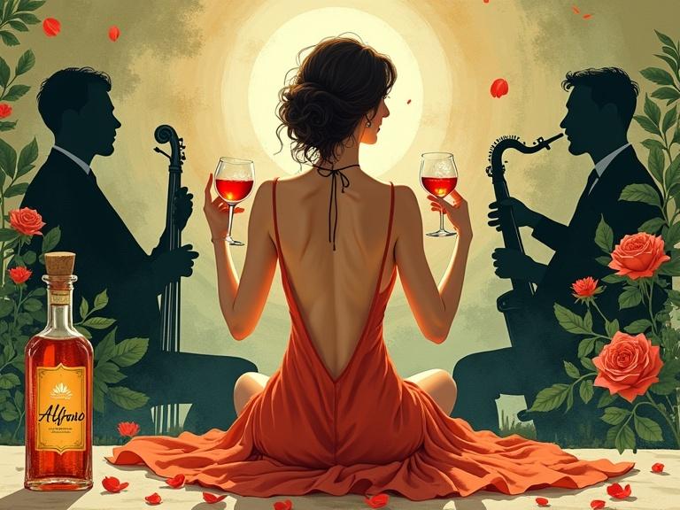 Stylized advertisement features a 1920s speakeasy. Silhouette of a modern topless Venus goddess in a silk dress. She toasts with two glasses filled with reddish herbal liqueur. Surrounded by jazz musicians. The atmosphere is relaxing with rose petals and green plants. An apothecary-style bottle labeled 'ALFRUNO' is in the foreground. The scene has earthy tones and a whimsical style, with textured brushstrokes. The mood is elegant and mysterious.