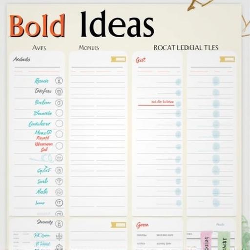 A flat layout agenda titled 'Bold Ideas Spot'. It contains organized sections for various topics. Text is written in a stylish font. Design includes pastel colors and decorative elements.