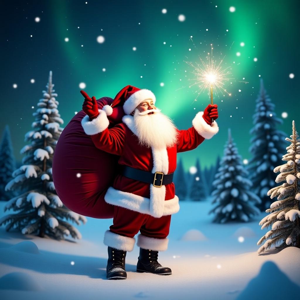 Cheerful Santa Claus stands in snowy landscape. Large red sack over shoulder, holding sparkly wand. Dressed in traditional red and white outfit with belt and boots. Night sky illuminated with twinkling stars. Pine trees in snowy ground, festive winter atmosphere. Magical moment in winter wonderland.