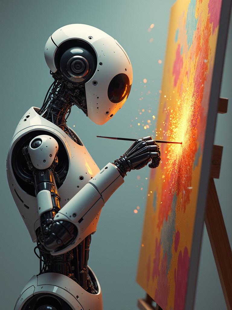 Robot using a brush to create art on a canvas. Colorful splashes on canvas. Detailed mechanical structure of the robot. Bright sparks of color emitted.