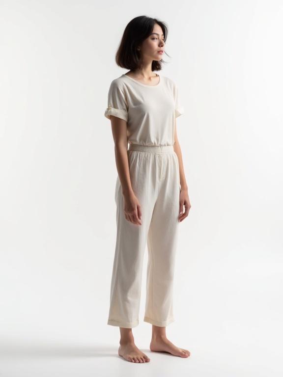 Full-body realistic photo of a woman with short dark brown hair and medium skin tone. She stands upright in a relaxed pose against a plain white background. No objects visible. Studio lighting is used.