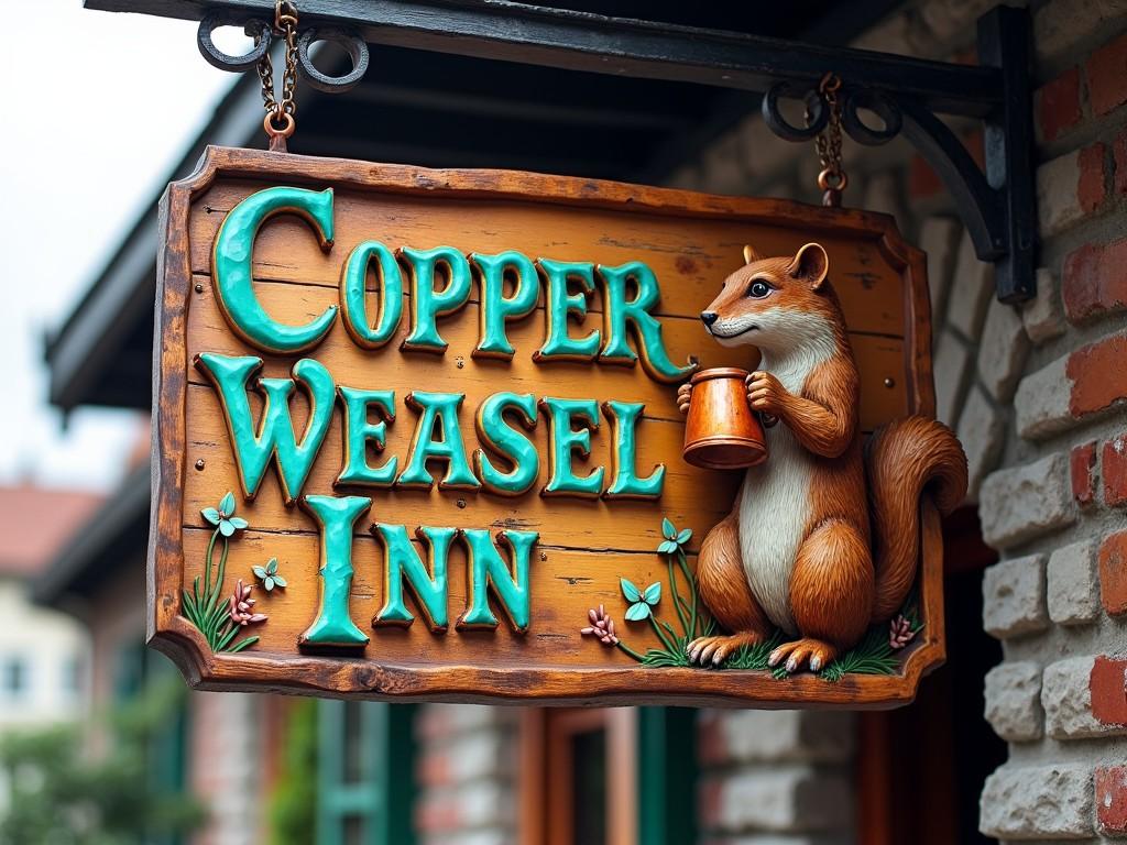 The image features a sign for a fictional tavern called 'Copper Weasel Inn'. The sign has a rustic wooden design with bold lettering that stands out. A cheerful weasel holds a copper mug, adding charm to the overall look. The color scheme combines warm browns and turquoise accents, creating an inviting feel. The sign is crafted to attract customers and convey a fun tavern experience, embodying hospitality and creativity.