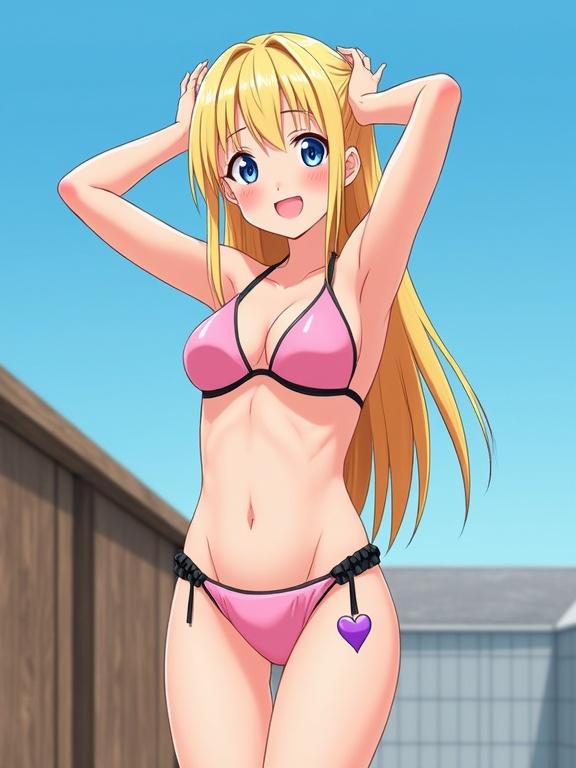A digital anime-style illustration features a young blonde female character wearing a pink string bikini with black accents. The character stands in a medium shot composition with both arms raised behind her head and a cheerful expression. Her blue eyes and long blonde hair are prominent. A purple heart-shaped tattoo adorns her thigh. The background shows a wooden structure against a blue sky. Natural front lighting highlights her features and outfit details. Clean linework and cel-shaded coloring.
