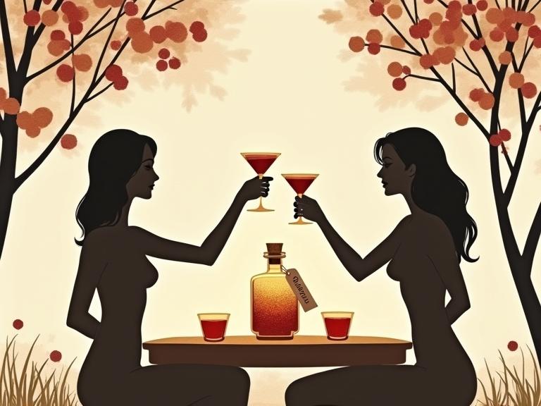 Minimalist screen printing artwork depicting a scene in an orchard with a topless goddess toasting with friends. Apothecary bottle nearby with golden-red glow. Elegant tag with name 'ALFRUNO'. Cocktail glasses on the side.