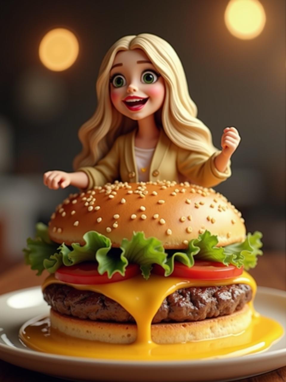 This image features a whimsical animated character emerging from a giant cheeseburger. With long blonde hair and a joyful expression, she adds a playful touch to the food theme. The cheeseburger itself is vividly detailed with fresh lettuce, ripe tomatoes, and melting cheese. This scene is set against a warm, inviting background that enhances the overall appeal of the image. The character's pose suggests excitement and happiness, making it eye-catching for food-related promotions.