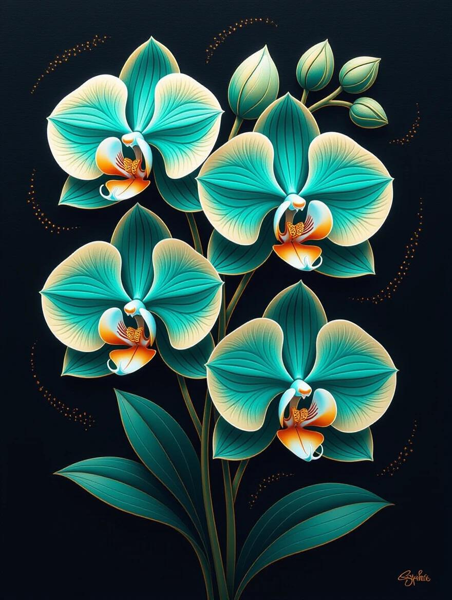 Detailed artistic painting of orchids on black background. Luminous 3D flower forms glow in dark turquoise and bronze. Fantasy-inspired botanical composition. Style of Bella Kotak and Andrzej Sykut. Rich colorful gradients and sculptural flower geometry. Dreamlike floral atmosphere.