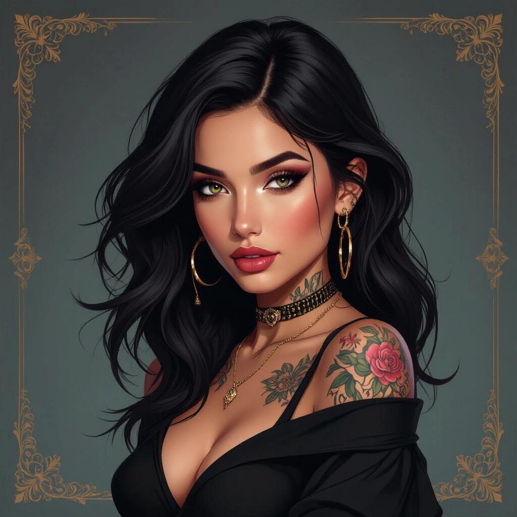 Create a captivating digital illustration of a woman with dark hair. She has a mysterious expression and notable tattoos. Wearing trendy fashion with contemporary elegant background elements.