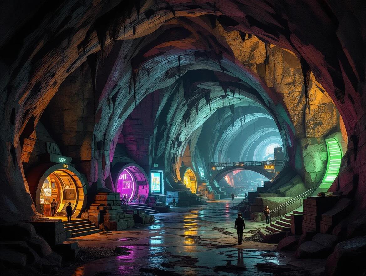 Futuristic underground city with large caverns glowing with neon lights and winding pathways. People walk through illuminated spaces with shops along the walls.