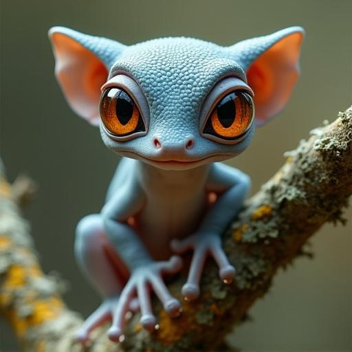 Stylized amphibian resembling a small primate or gecko with a large rounded head and expressive eyes. The skin is blue-gray with tiny white nodules. The creature grips a lichen-covered branch. Background is blurred with warm colors, highlighting the creature's details.