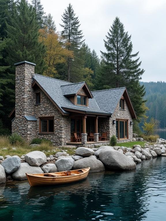 Scenic lakeside view with a stone cabin. Cabin made of grayish-brown stones. Dark gray shingle roof. Features a stone chimney. Wooden-framed windows and glass door. Small porch with wooden chairs. Surrounded by rocks and greenery. Light brown wooden rowboat moored by the shore. Deep blue, reflective lake. Rocky shoreline with gray stones. Dense forest background with evergreens and deciduous trees. Sky is gray-blue with clouds and gentle light.