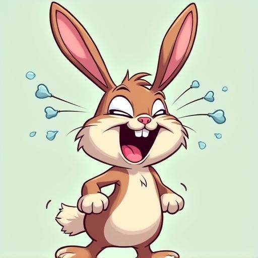 Cartoon bunny laughing hard gasping for air with joyful tears in her eyes