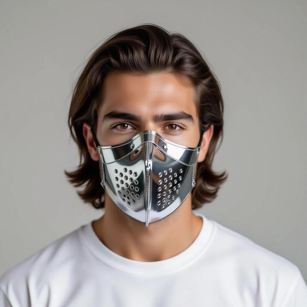 A man with a chrome metal mask covering his face. No eyes nose or mouth visible. Hair is long and straight. The man wears a simple white shirt. Background is soft and neutral. Focus on the modern and stylish aspects of the mask and hair.