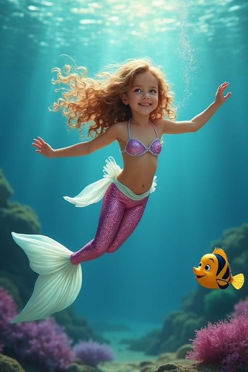 Dark blonde curly-haired girl swimming as a mermaid under the sea. Shimmering pink tail and white vest top. Joyful scene with colorful fish.