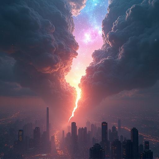massive crack splits sky above futuristic city revealing galaxy with glowing light seeping through fracture. Surreal atmosphere with high detail. Dramatic lighting and cyberpunk influence. Mysterious celestial energy leaks from the sky. Epic scale with cinematic composition.