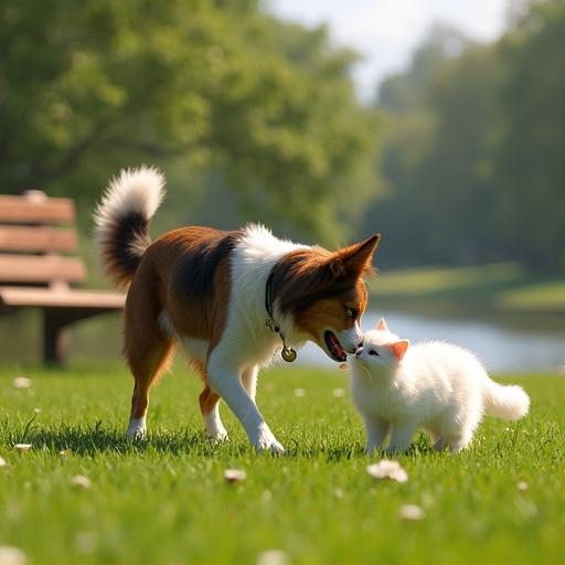 Scene depicts a sunny park with colorful flowers a few trees green grass and a small lake on the right. A medium-sized Border Collie plays with a Persian white cat on the grass. The dog wears a black collar and the cat has a small collar with a gold bell. Composition is a wide-angle view capturing the park with the dog and cat as focal points. Photorealistic style with natural color grading, no artificial filters