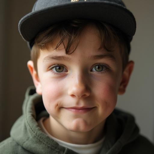 Close-up portrait of a young boy wearing a hat. Boy is smiling. Natural light emphasizes facial features.