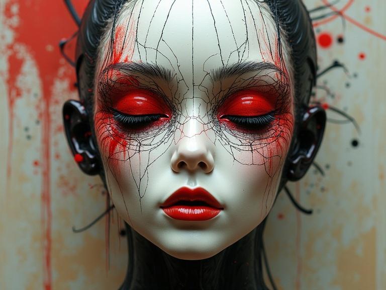 Surreal futuristic portrait of mannequin-like face. Closed eyes with striking red eyelids and lips. Intricate black and red web-like lines overlay. Textured weathered background with red and black splashes. Eerie artistic vibe.