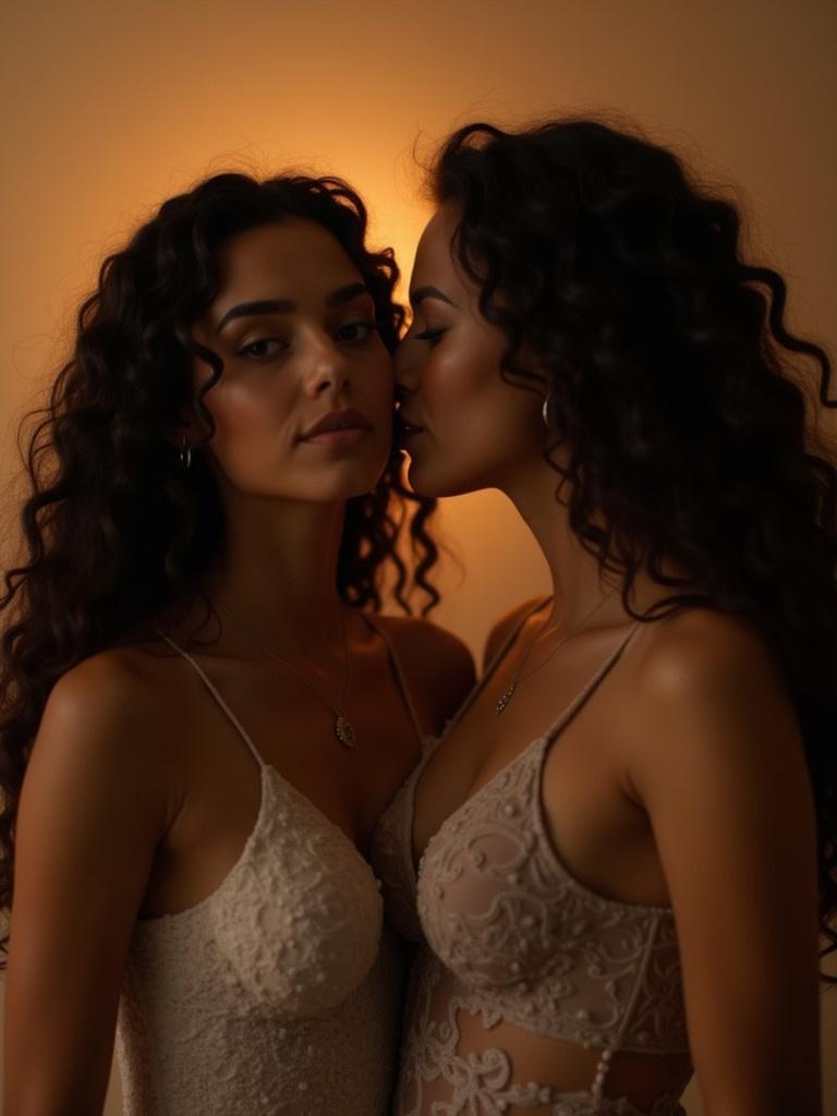 A couple dressed elegantly share an intimate moment. They have long curly hair and are leaning close to one another. Soft lighting highlights their features against a warm background. An emotional connection is evident between them. They are in a romantic setting.