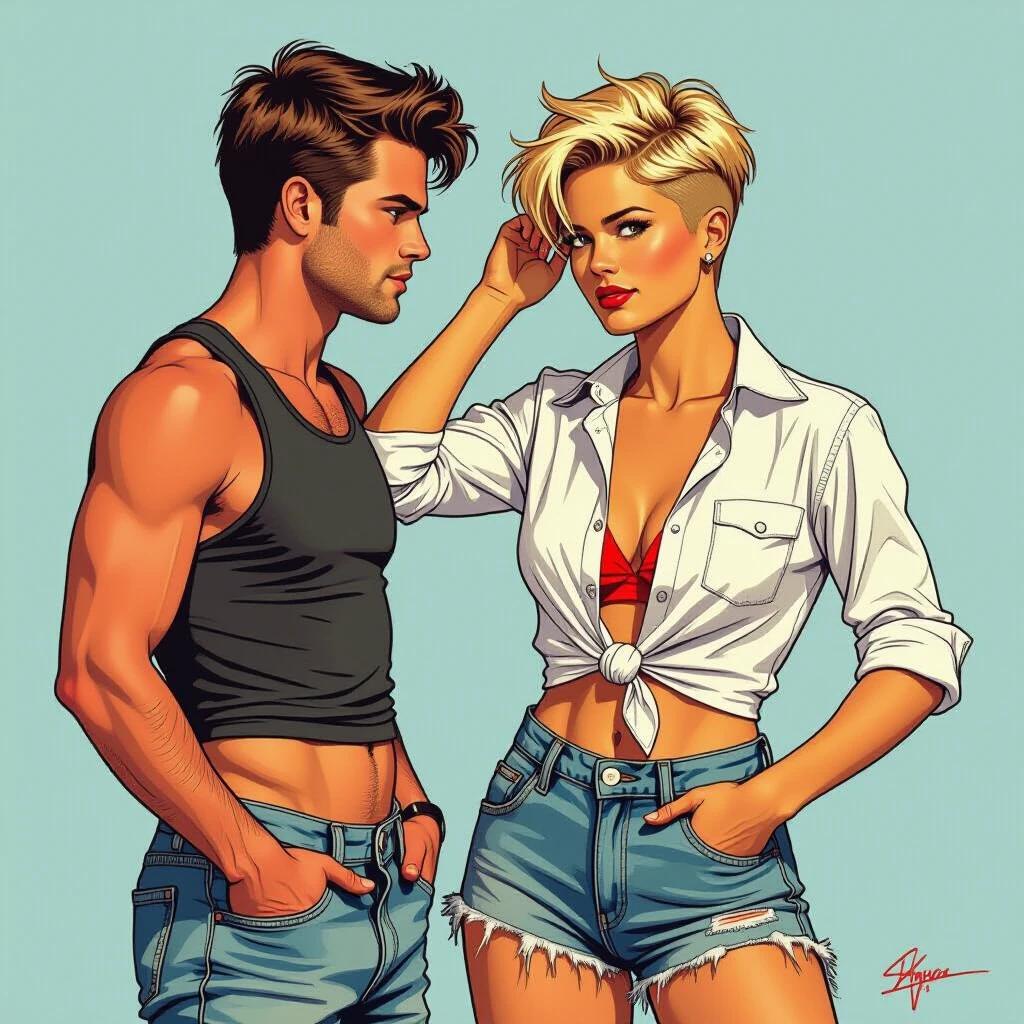 Stylized portrait of a young couple. One person wears an unbuttoned white shirt and ripped denim shorts. The other person wears a black tank top and red speedos. The blonde character has a punk hairstyle. They interact playfully, facing each other with confidence. Comic book style with bold lines and bright colors.
