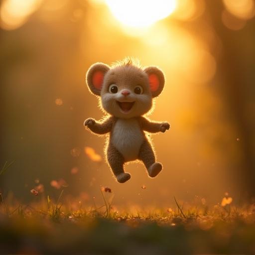 A cute animated character leaps joyfully in a backlit setting. The photo captures macro details and bokeh effects, creating a warm, enchanting atmosphere.