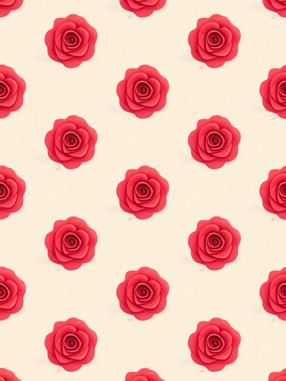 Flat design pattern shows red roses with simple shapes and clean lines. Roses viewed from above with stylized petals. Tight arrangement creates a seamless pattern. Bright red tones used with minimal shading. Light background emphasizes design. No green leaves included for modern elegance.