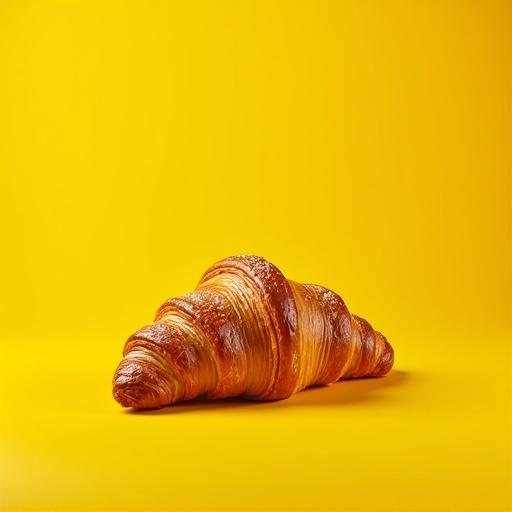 Image of a croissant on a yellow background. Wheat stalks and a windmill are in the background behind the croissant.