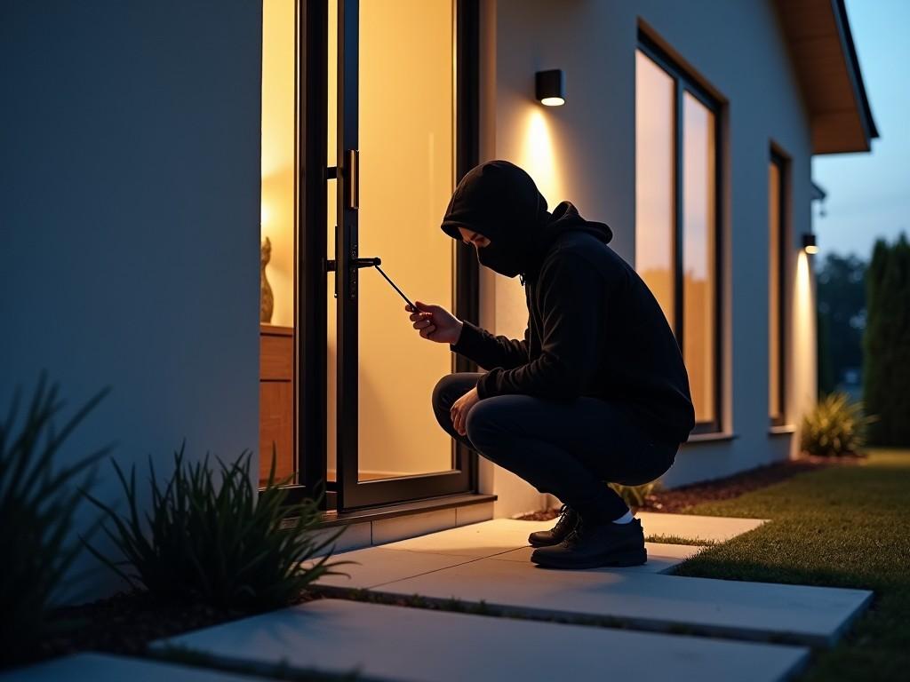 a person in a black hoodie attempting to open a door at night, with interior lights visible from the window